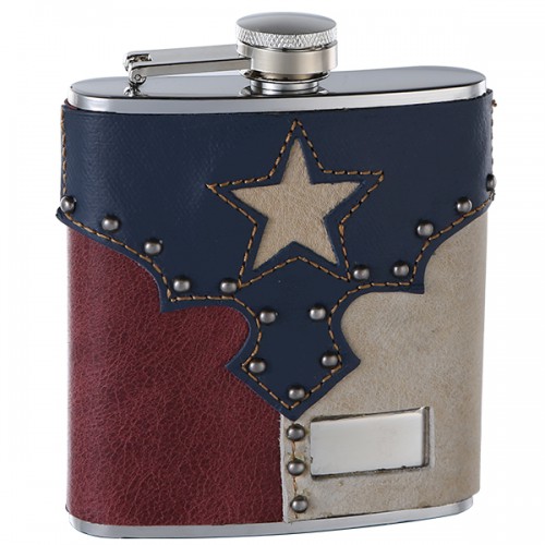 ''Genuine Top Grain LEATHER Hip Flask Holding 6 oz - Texas Pride Design - Pocket Size, Stainless Stee