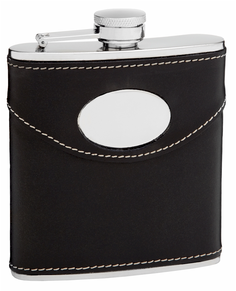''Leather Hip Flask Holding 6 oz - Pocket Size, Stainless Steel, Rustproof, Screw-On CAP - Black Fini