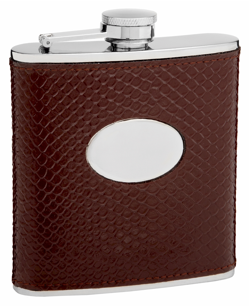 ''Leather Hip Flask Holding 6 oz - Snake Skin Pattern Design - Pocket Size, Stainless Steel, Rustproo