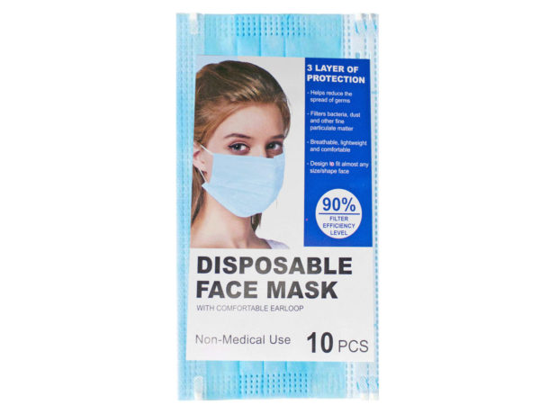 10-Pack Blue 3-Ply Disposable Face Masks with Comfort Ear Loop