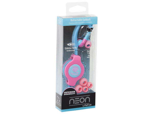 ReTrak Retractable Neon Pink/Blue Sports Earbuds