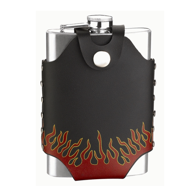 8oz Flask with Fire Design Carry POUCH