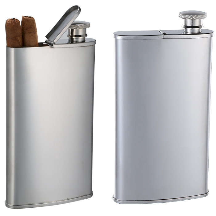 (Bulk of 2 Pcs) 2oz Stainless Steel Flask with 2 Cigar Tube for Groom's Gift